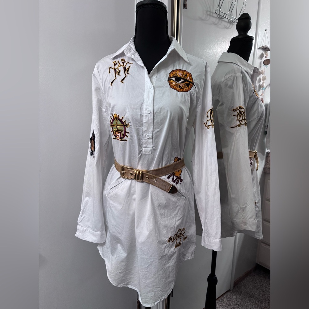 Embroidered Egyptian Patch Button White Blouse - image 1